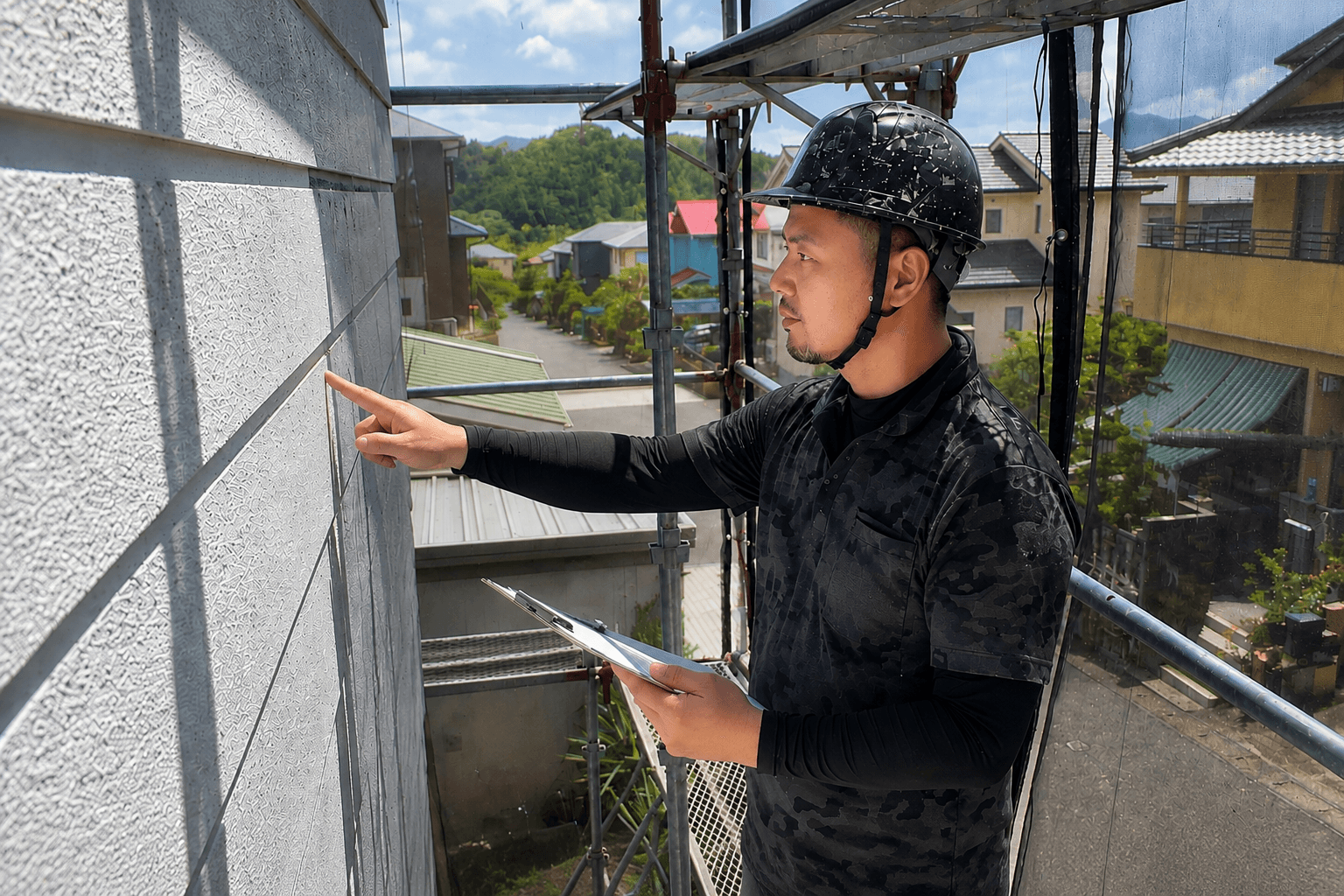 足場の上で外壁の下地状態を確認する職人