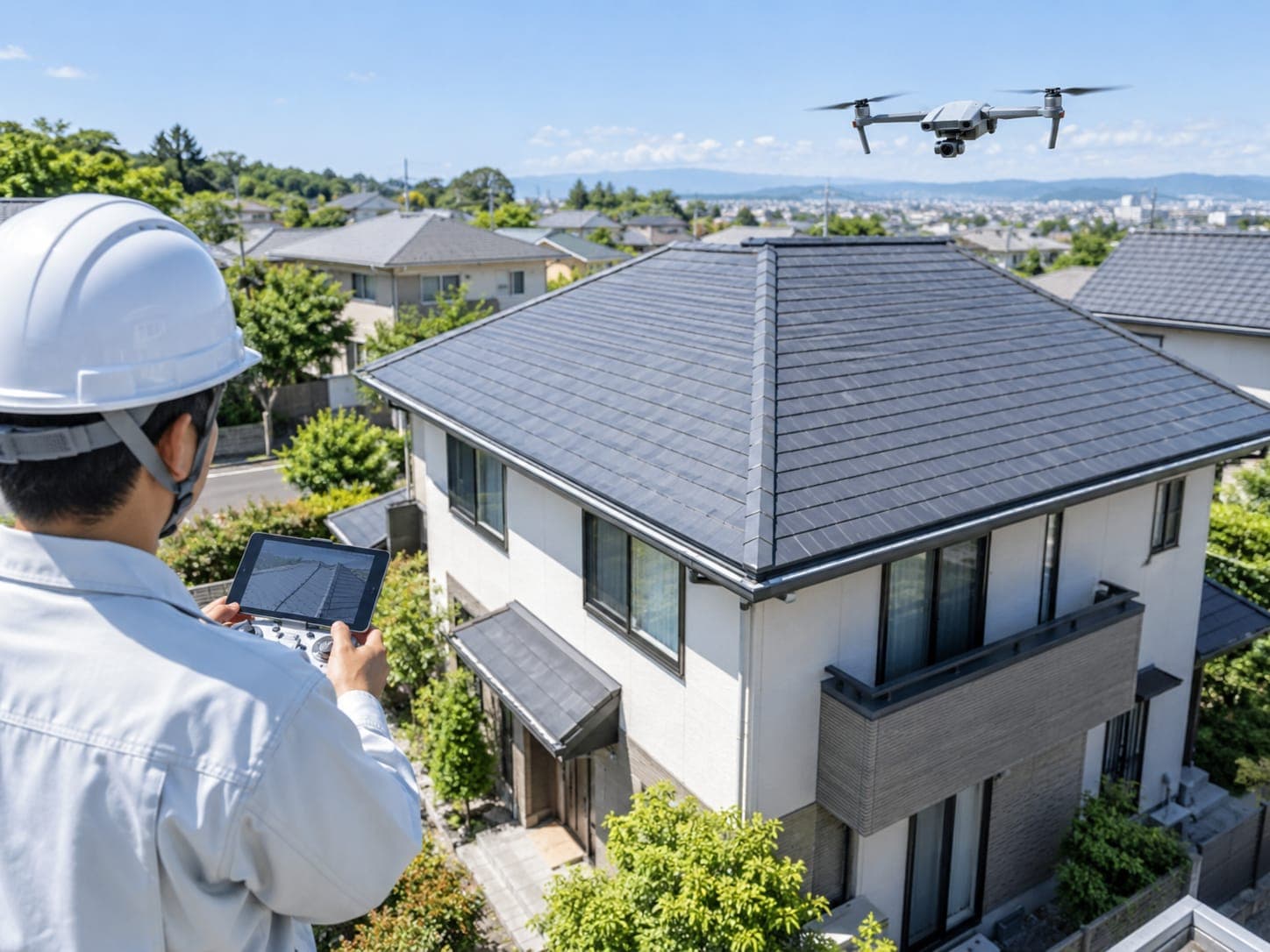 タブレットでドローンを操作し、住宅の屋根を上空から点検する職人